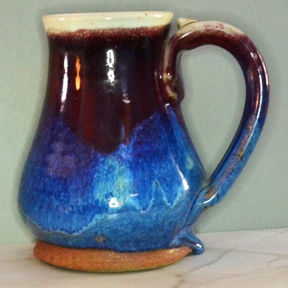 Variegated Brown Blue Stoneware Mug Artist Signed Kitchen Decor Drinkware - Picture 1 of 5